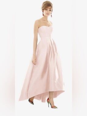 Alfred Sung Strapless Satin High Low Dress with Pockets in Blush